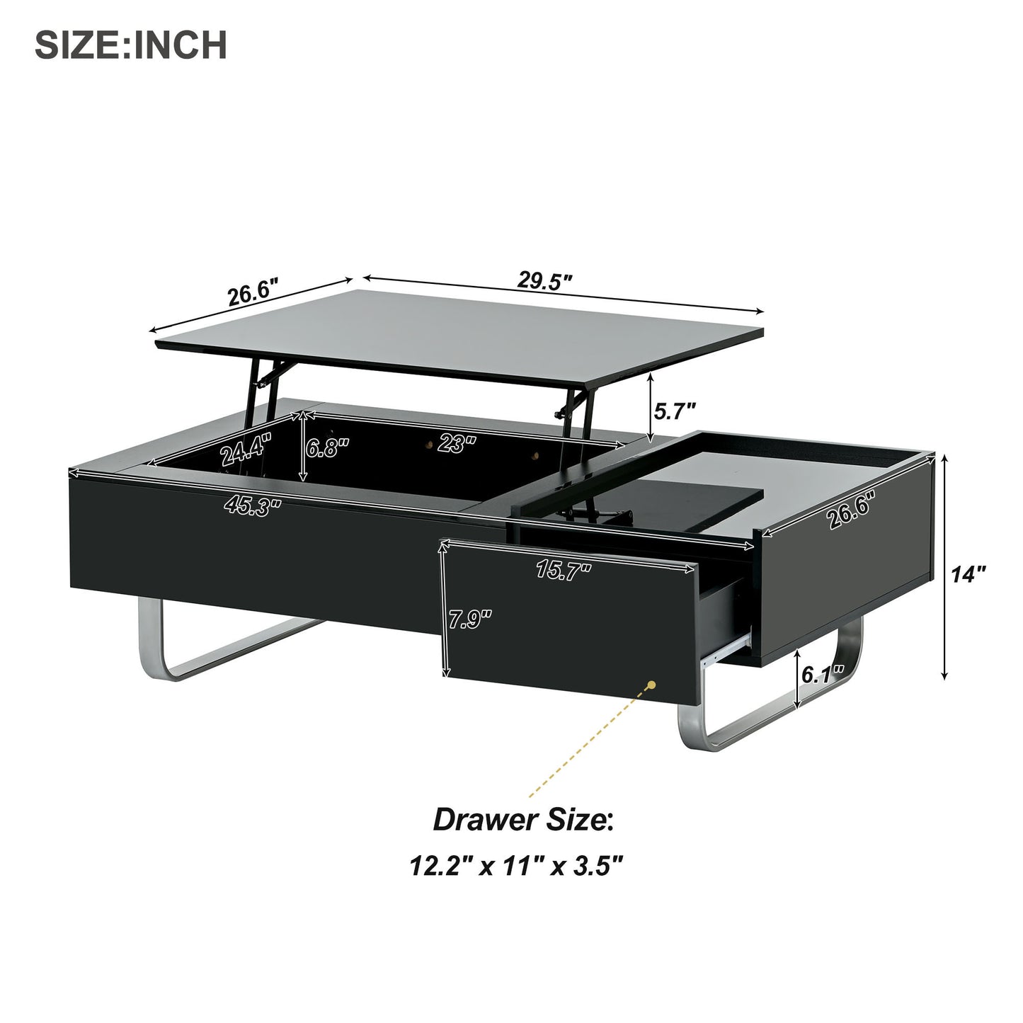 Convertible Lift-Top Coffee Table with Storage Drawer, Modern Black Cocktail Table