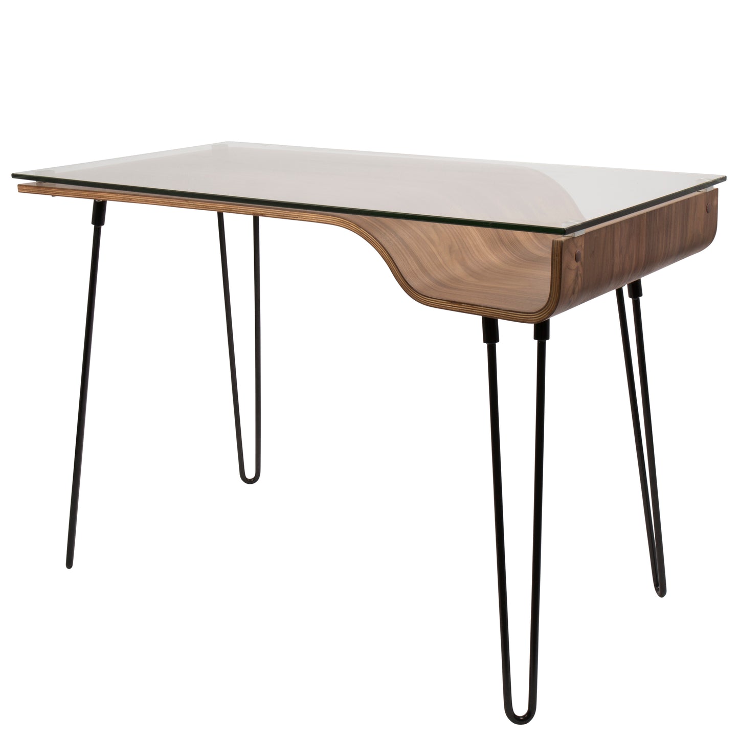 Avery Mid-Century Modern Walnut Desk with Glass Top and Black Metal Legs