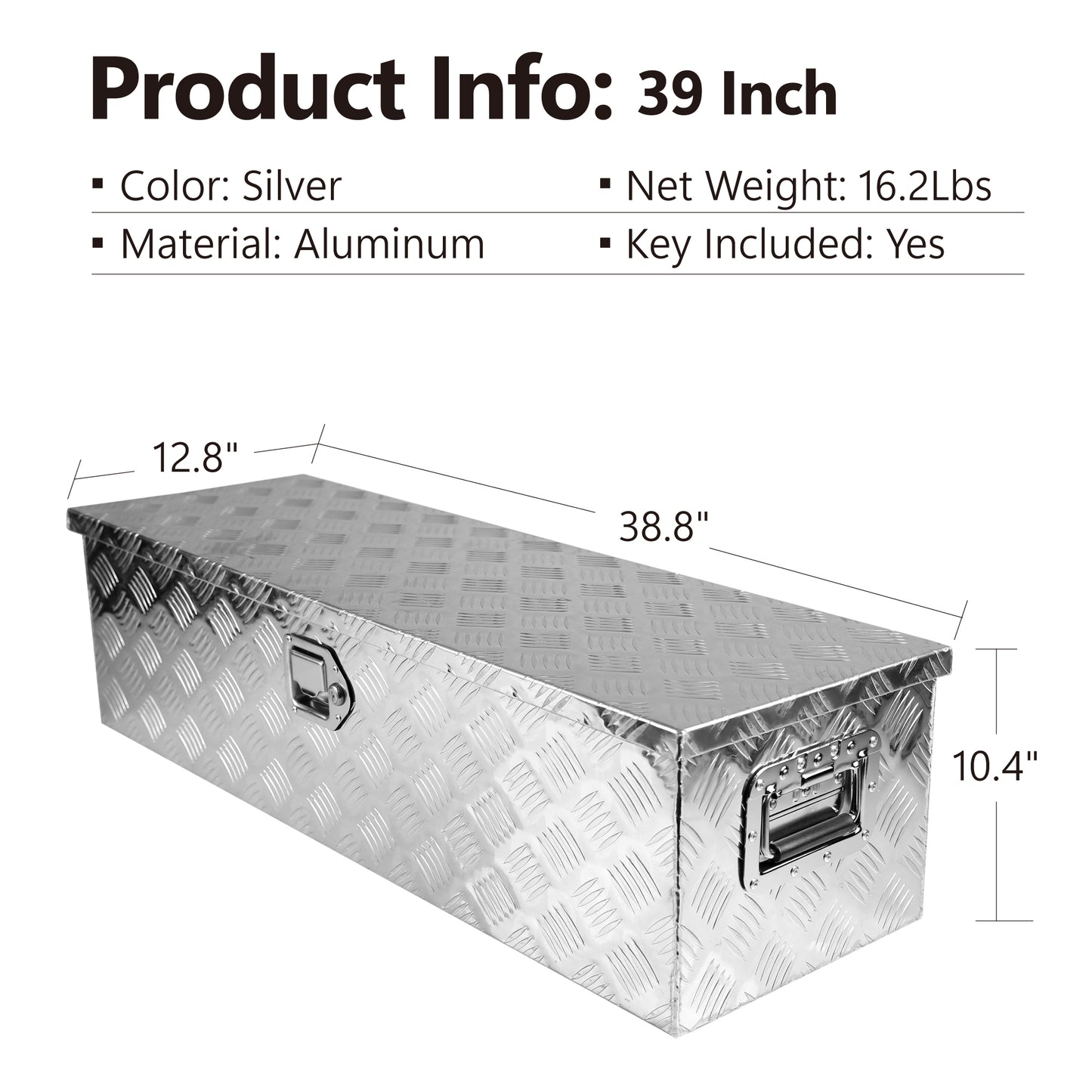 39 Inch Aluminum Truck Tool long Box, Gas Strut, Truck Bed Tool Box with Side Handle ,Lock and 2 Keys, Tool Storage Box for Truck,Trailer,Pickup (38.8"×12.8"×10.4")