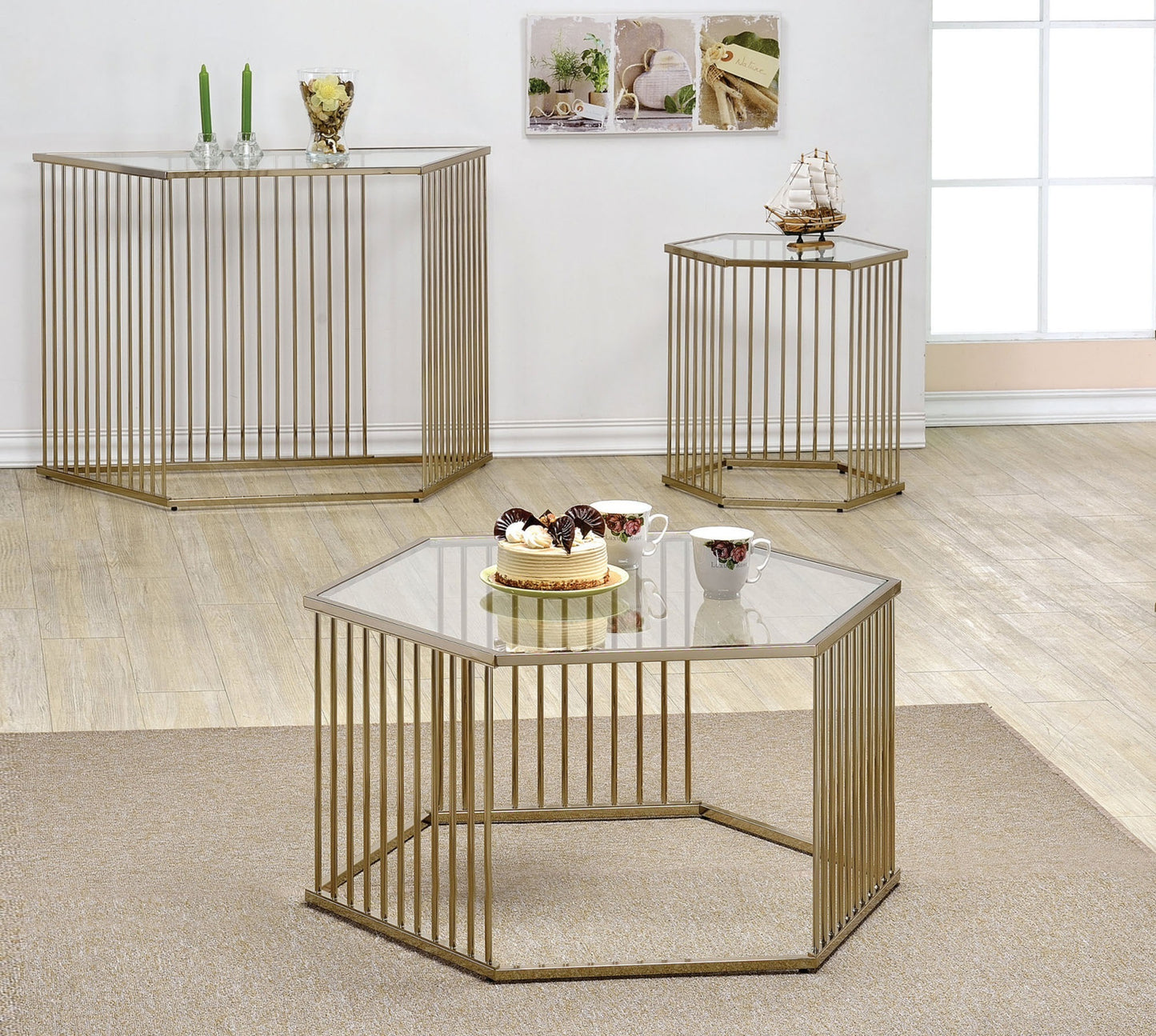 Elegant Champagne Glass Hexagonal Coffee Table