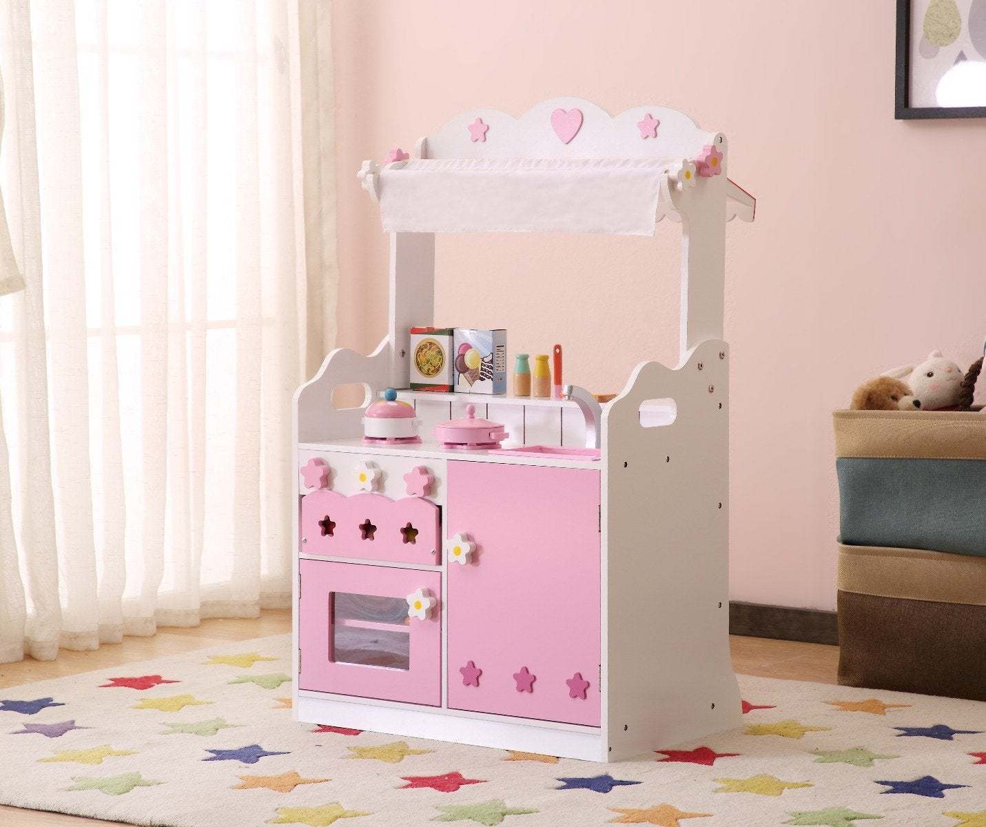 Pretend Kitchen and Market Stall - Pink 2-in-1 Playset for Kids