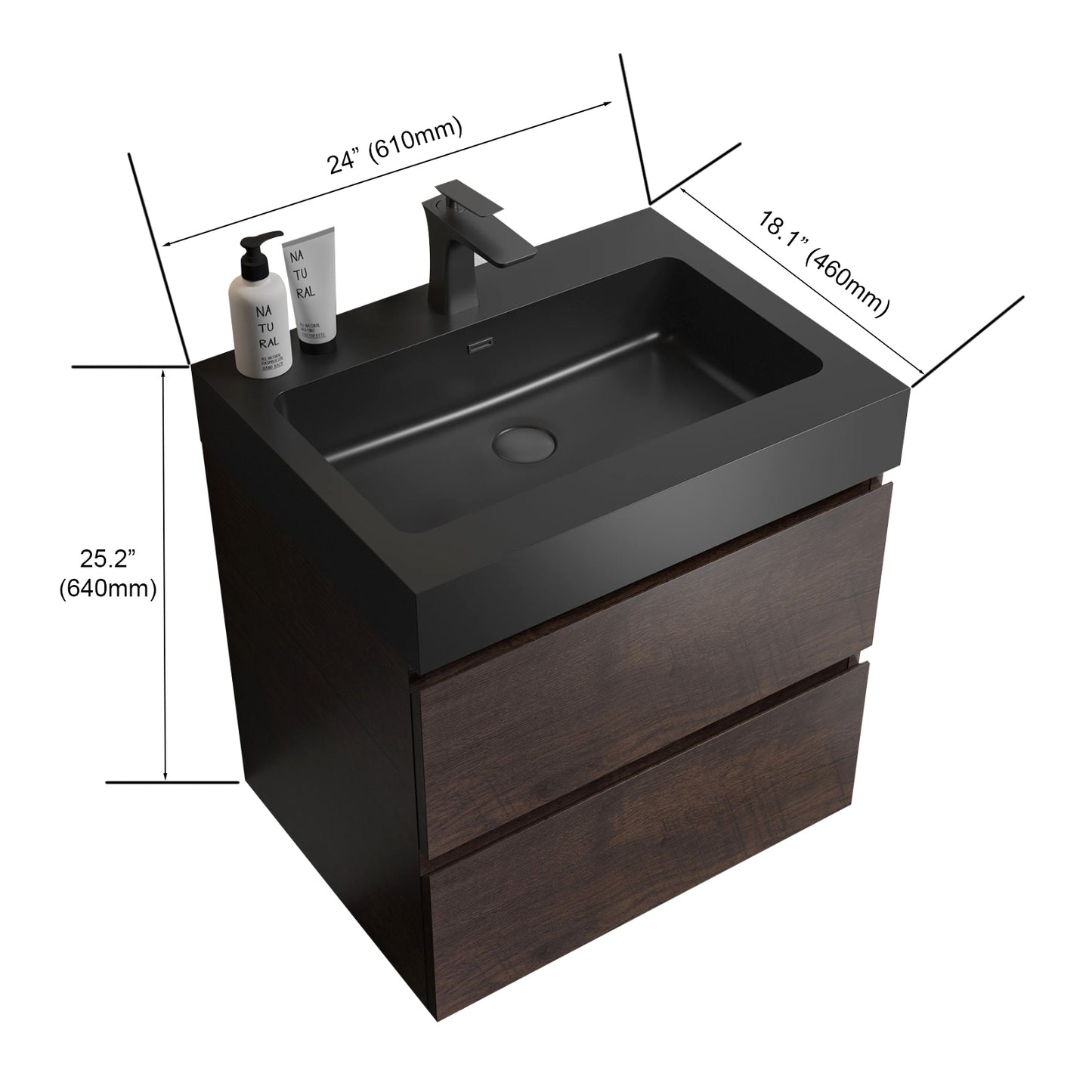 Alice 24" Walnut Bathroom Vanity with Sink, Large Storage Wall Mounted Floating Bathroom Vanity for Modern Bathroom, One-Piece Black Sink Basin without Drain and Faucet