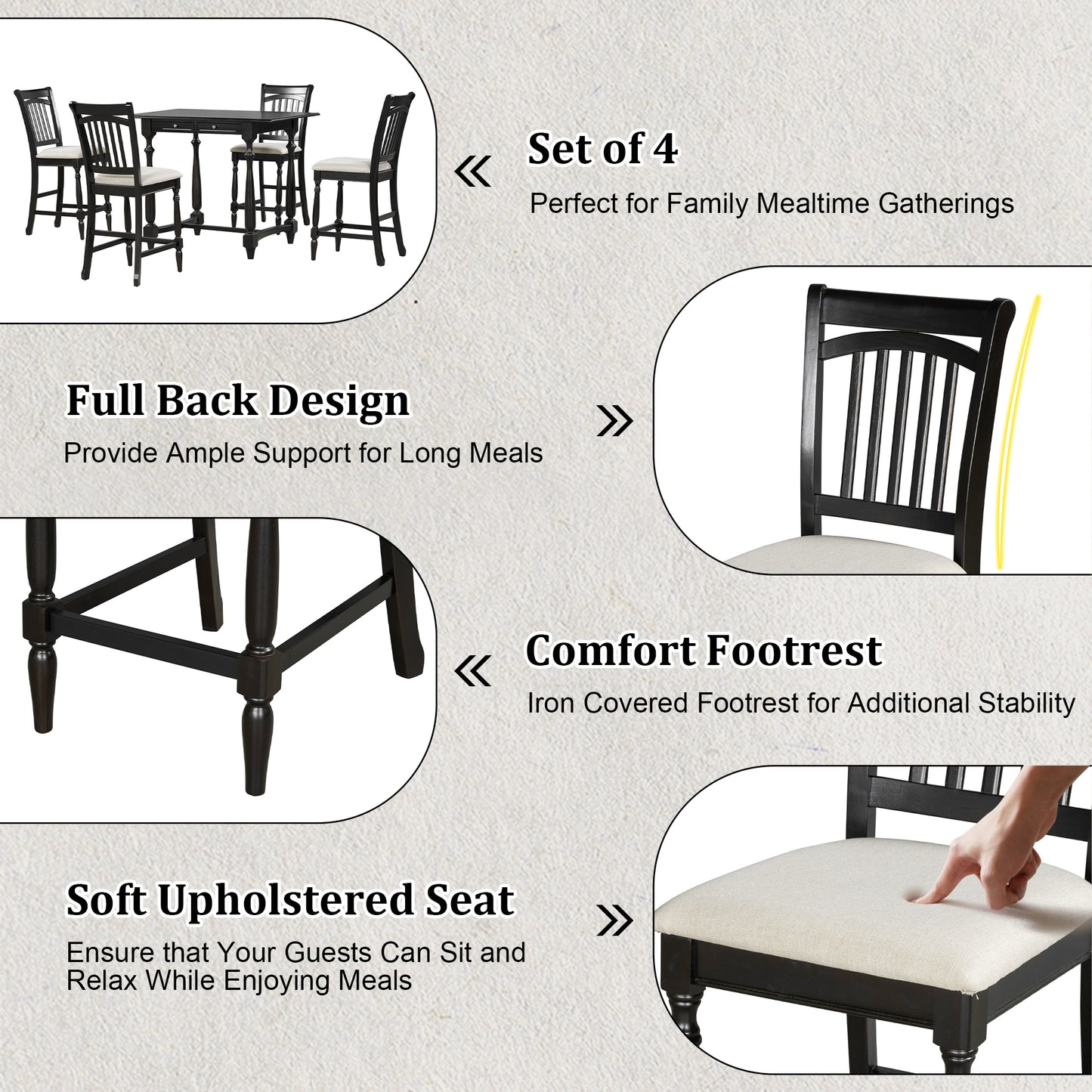 Mid-Century Farmhouse 5-Piece Wood Dining Table Set Counter Height Kitchen Furniture Set with Storage Drawers and 4 Upholstered Chairs,Espresso