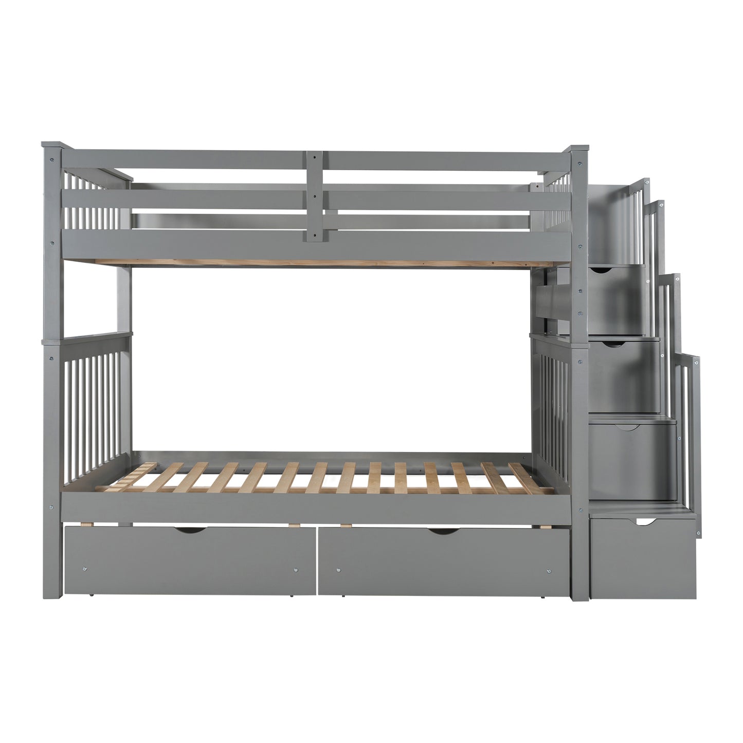 Gray Full Over Full Bunk Bed with Storage Drawers and Shelving