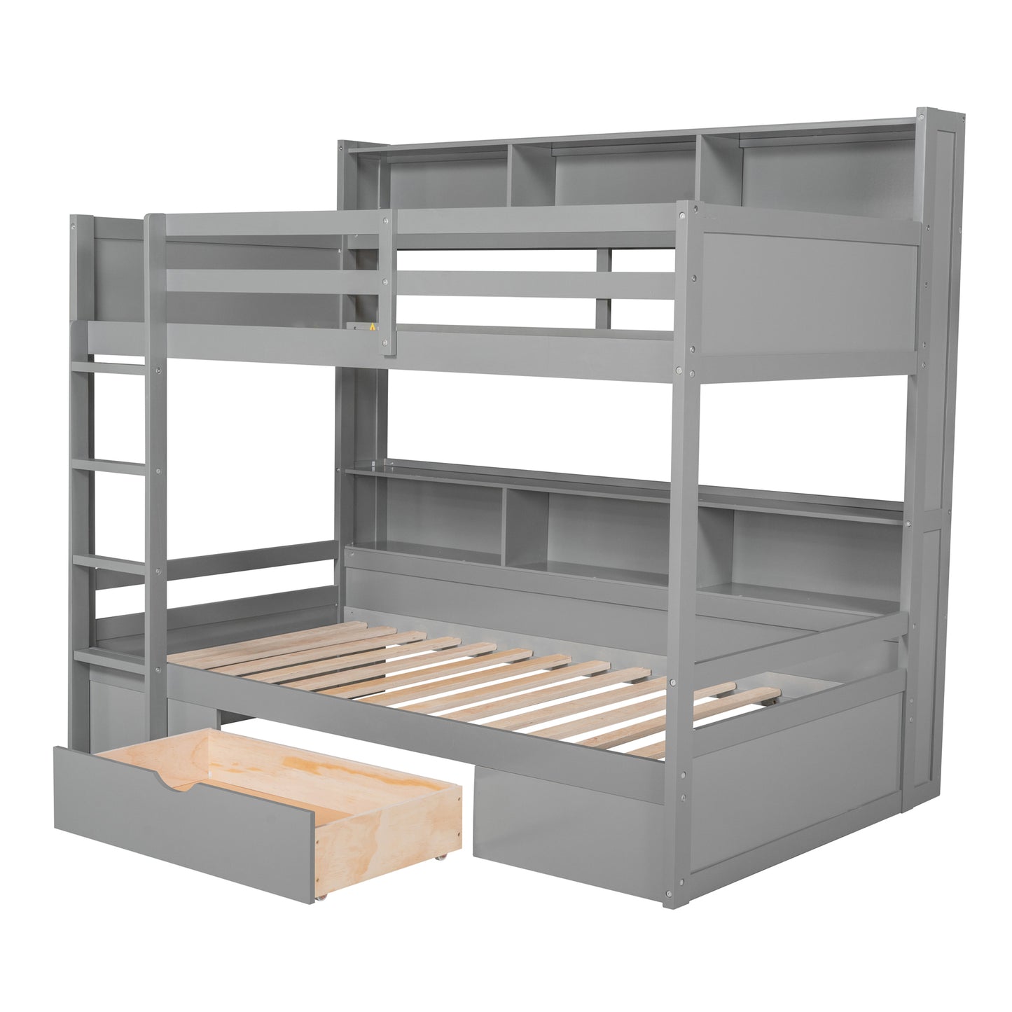 Twin Size Gray Bunk Bed with Storage Drawer and Built-in Shelves