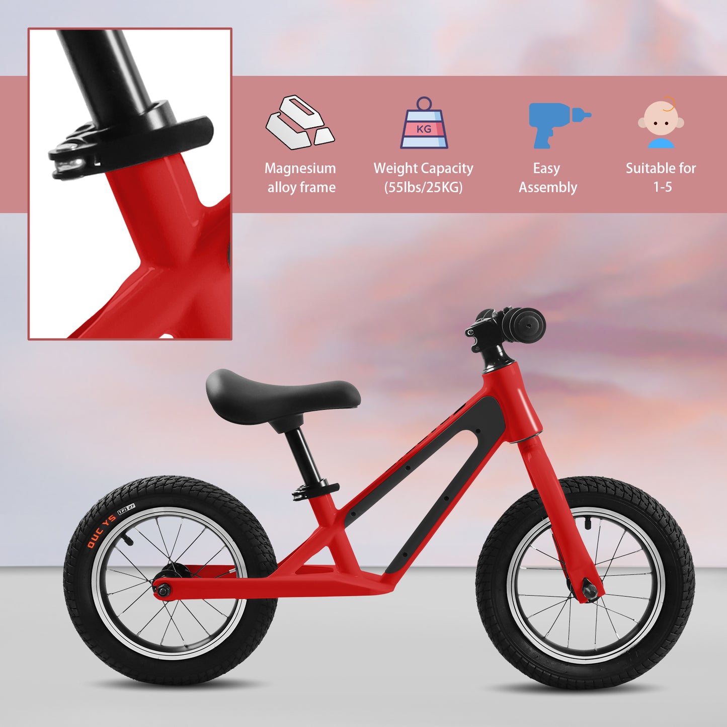 Magnesium Alloy Frame Balance Bike for Kids Ages 1-5 Years Old with Adjustable Seat and Nylon Rubber Tires