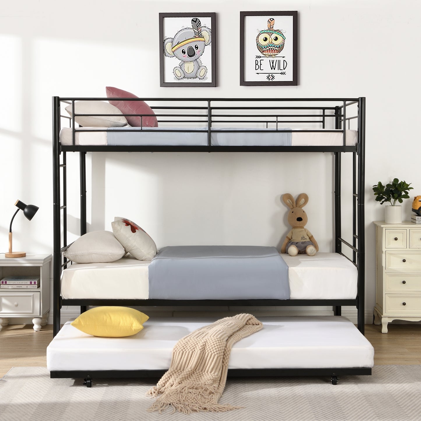 Versatile Twin Bunk Bed with Trundle and Guard Rail