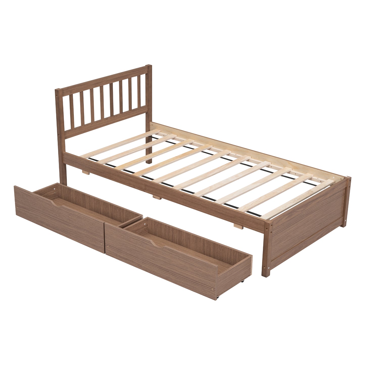 Modern Design Twin Size Platform Bed with 2 Drawers for Walnut Color