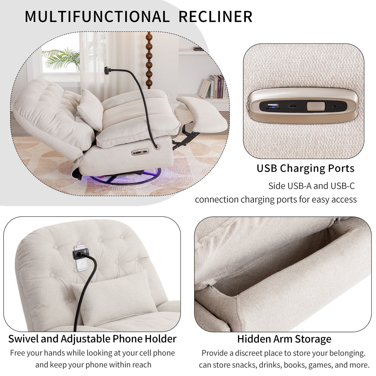 Smart Beige Power Recliner with Swivel, Voice Control, Bluetooth, USB Ports, Atmosphere Lamp, and Mobile Phone Holder