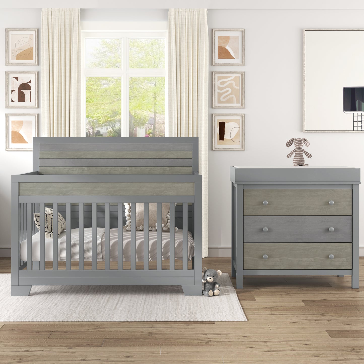 3 Pieces Nursery Sets Baby Crib and Changer Dreeser with Removable Changing Tray Bedroom Sets Gray