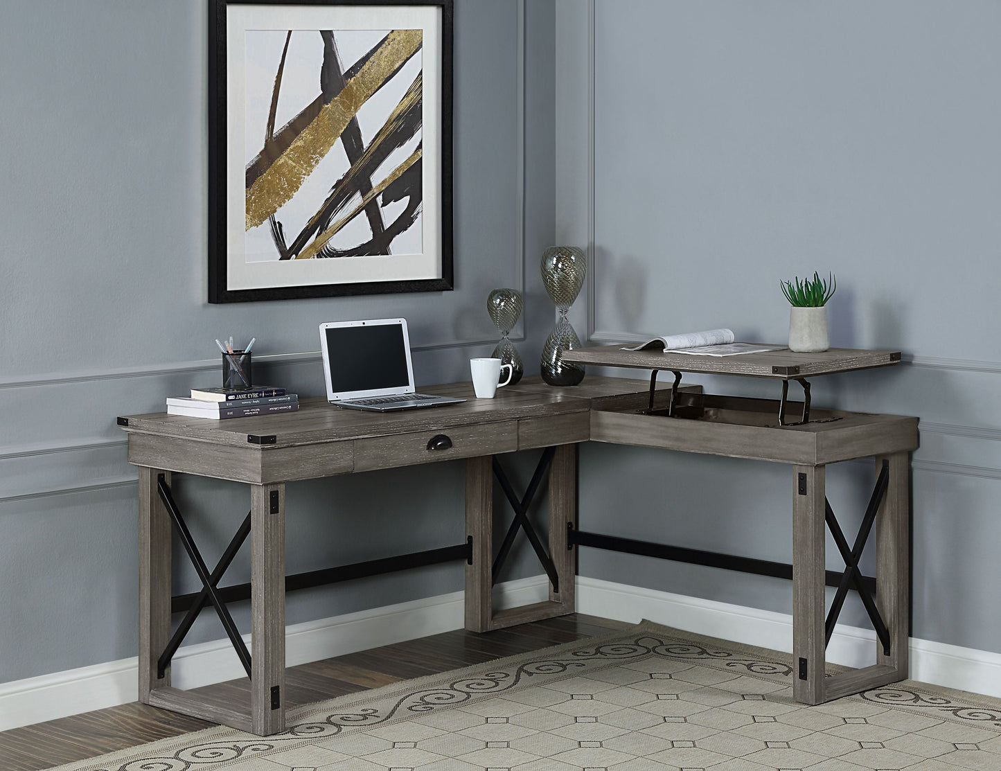 L-Shaped Talmar Writing Desk with Lift Top in Distressed Gray Finish