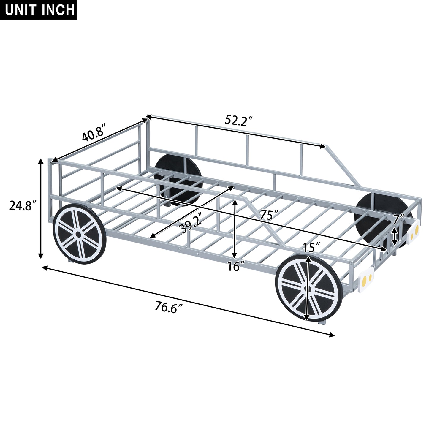 Metal Twin Size Car-shaped Platform Bed with Wheels and Headlights Decoration, Silver