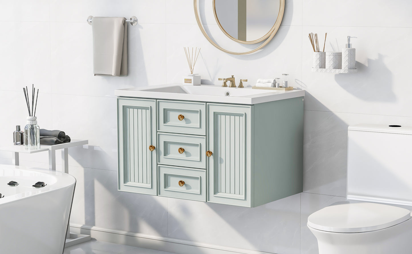 30" Wall Mounted Bathroom Vanity with Sink Combo, Functional Drawer, Solid Wood & MDF Board & Ceramic, Green