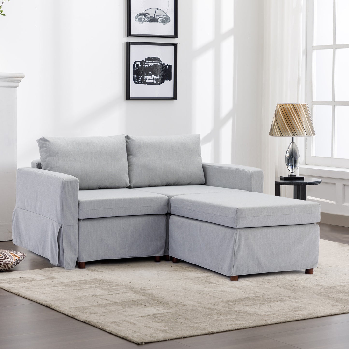 2-Seater Modular Sectional Sofa with Ottoman, Light Grey