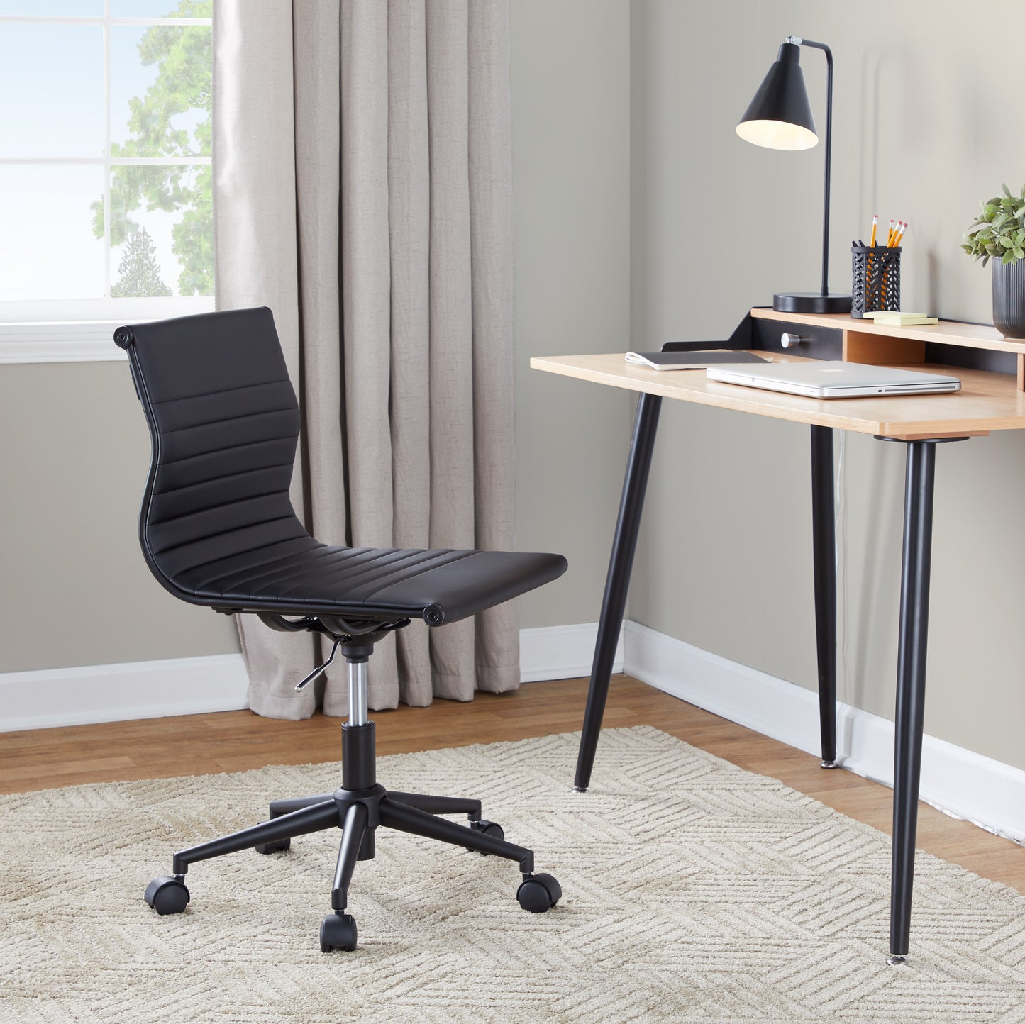 Masters Industrial Armless Adjustable Task Chair with Swivel in Black Frame and Black Faux Leather by LumiSource