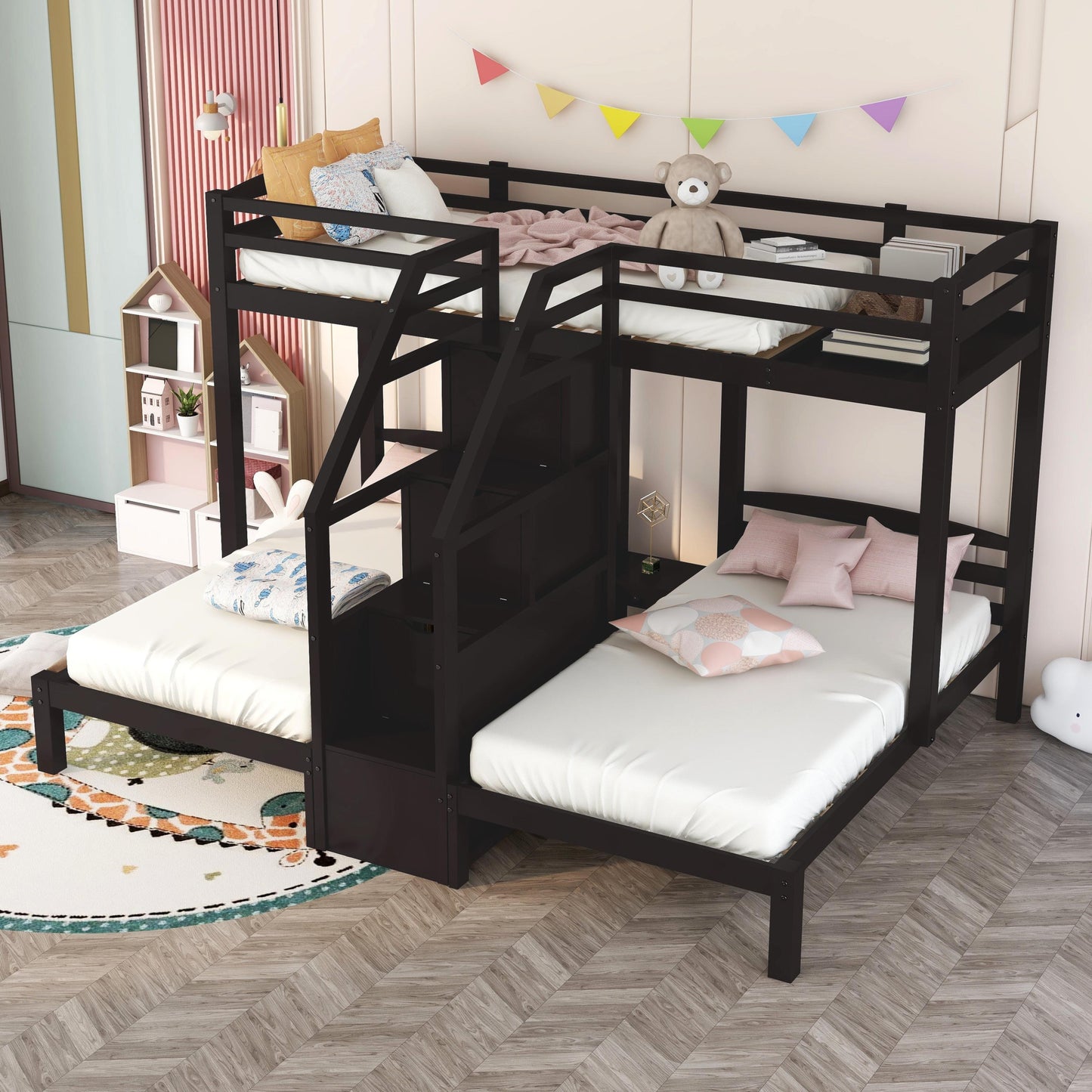 Espresso Triple Bunk Bed with Staircase and Storage Drawers