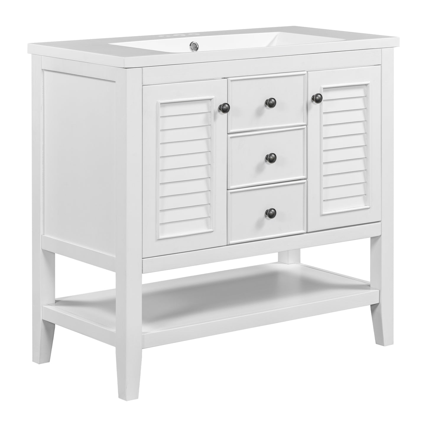 36" Bathroom Vanity with Ceramic Basin, Two Cabinets and Drawers, Open Shelf, Solid Wood Frame, White