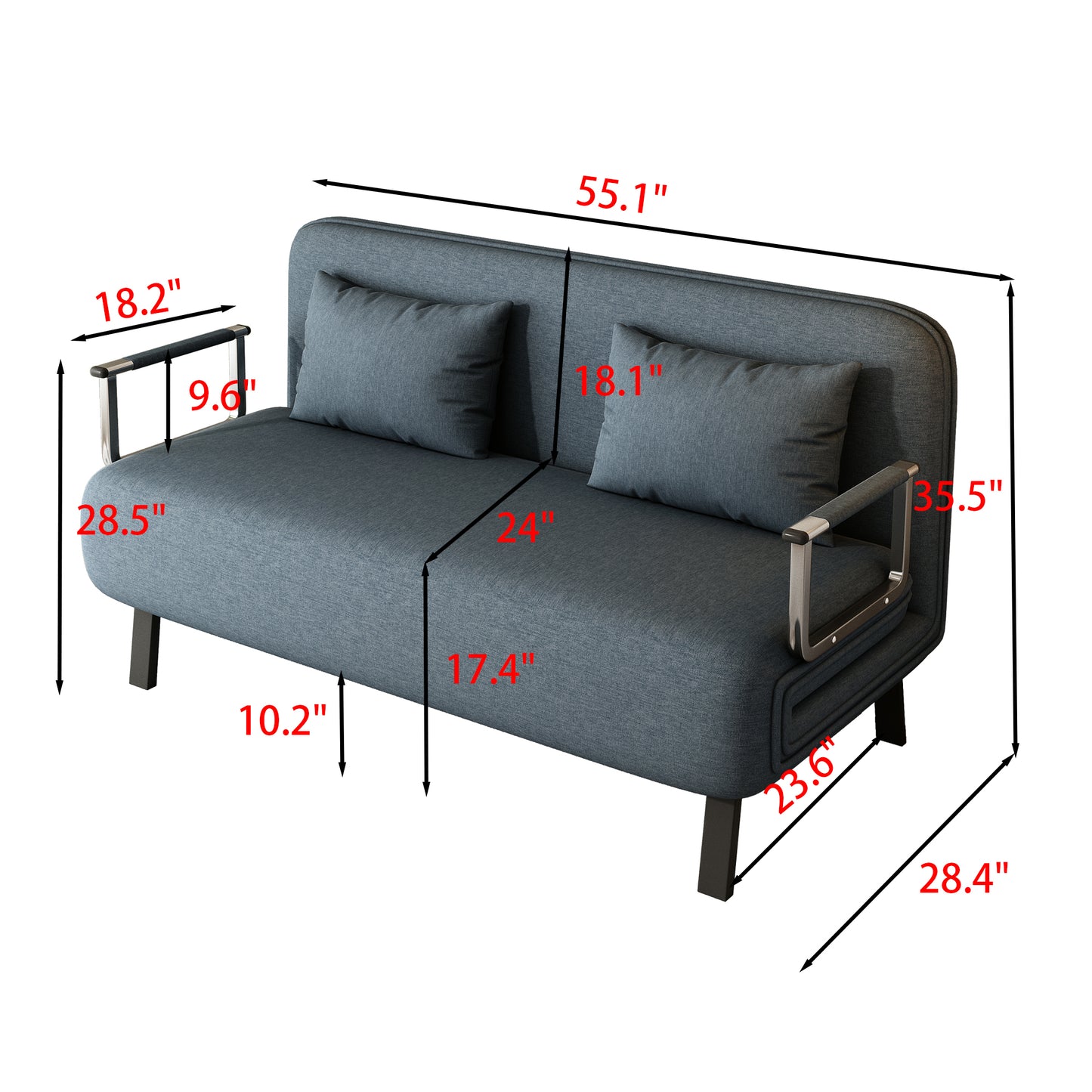 Convertible 55-Inch Chair Bed with Adjustable Backrest and Pillow, Lounge Couch for Home and Office