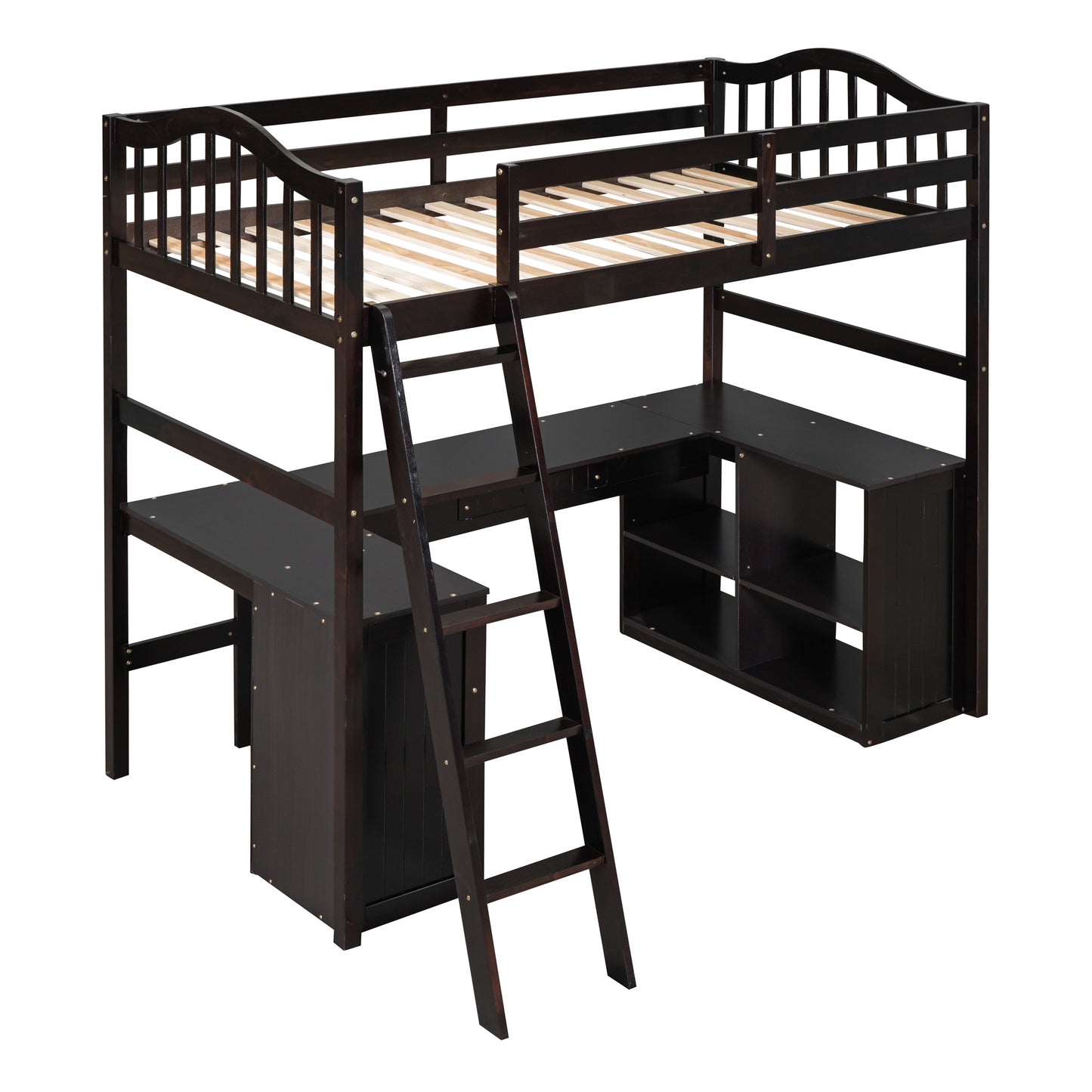 Twin size Loft Bed with Drawers, Cabinet, Shelves and Desk, Wooden Loft Bed with Desk - Espresso( :LT000505AAP)