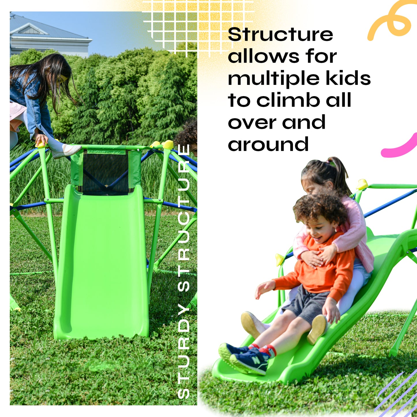 Kids Climbing Dome Jungle Gym with Wave Slide - Outdoor and Indoor Playground for Active Play