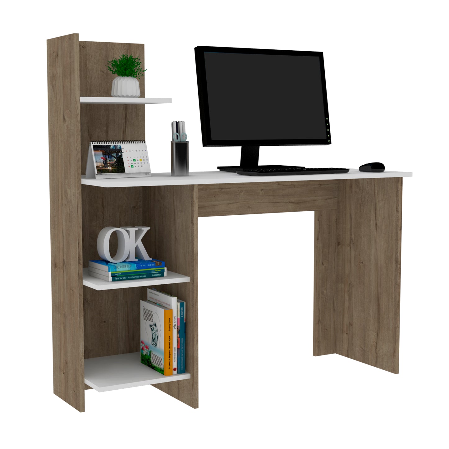 Vilna 120 Writing Desk with Four Shelves in Light Oak/White