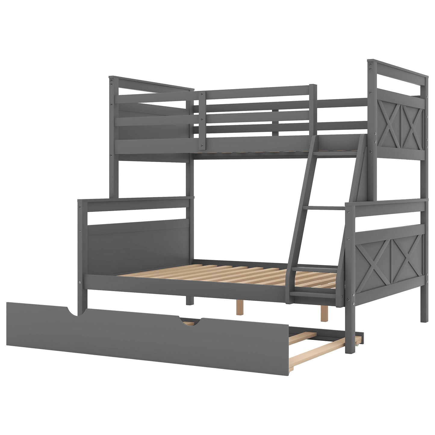 Triple Sleeper Bunk Bed with Trundle, Guardrail, Ladder, and Gray Finish