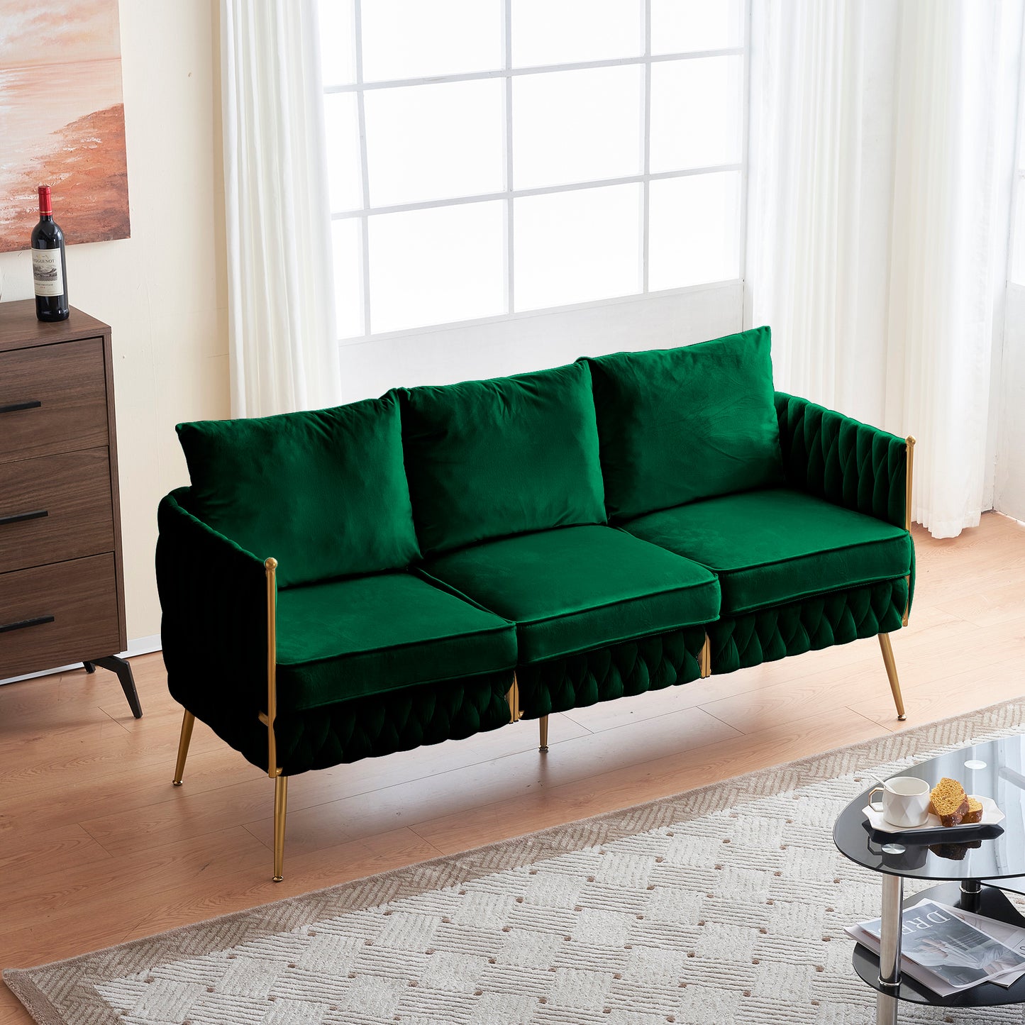 Velvet Couch Sofa for Three People , Upholstered Sofa with Stylish Woven Back, Small Comfy Couch with 3 Pillows, Modern 3-Seat Sofa with Gold Frame for Living Room , Green Velvet