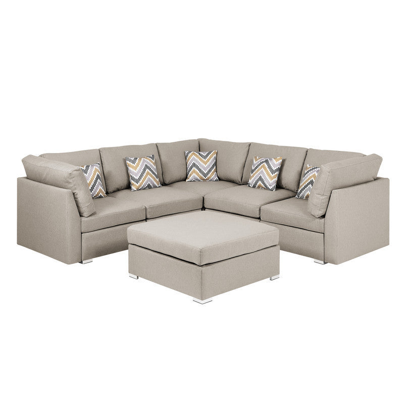 Beige Fabric Reversible Sectional Sofa Set with Ottoman and Accent Pillows