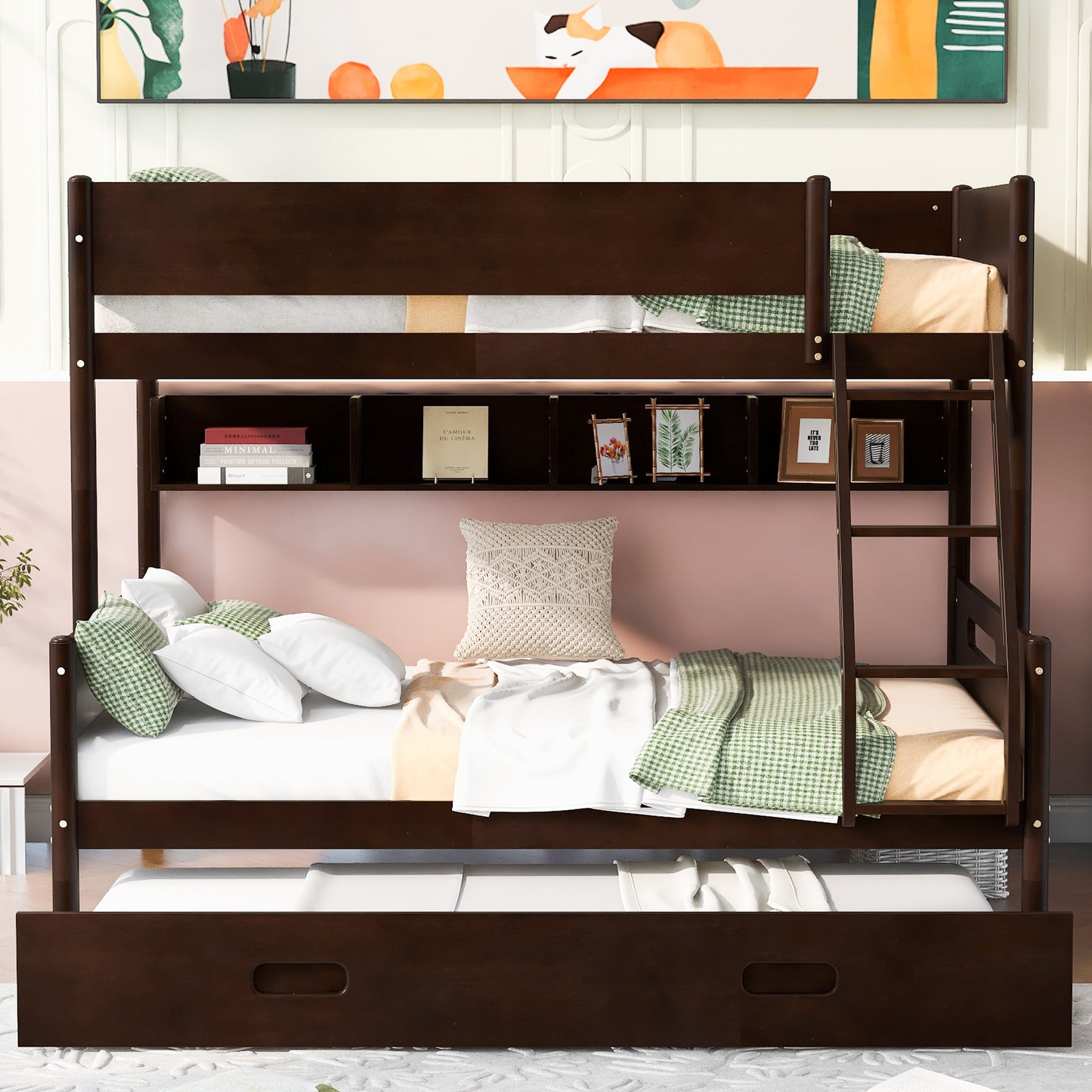 Espresso Wood Bunk Bed with Twin Over Full, Storage Shelves, Trundle, and Sturdy Construction