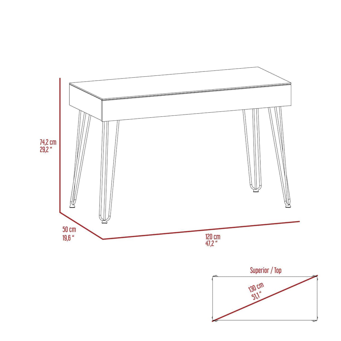 Mahogany Writing Desk with Hairpin Legs, Drawer Storage, and Glass Top Surface