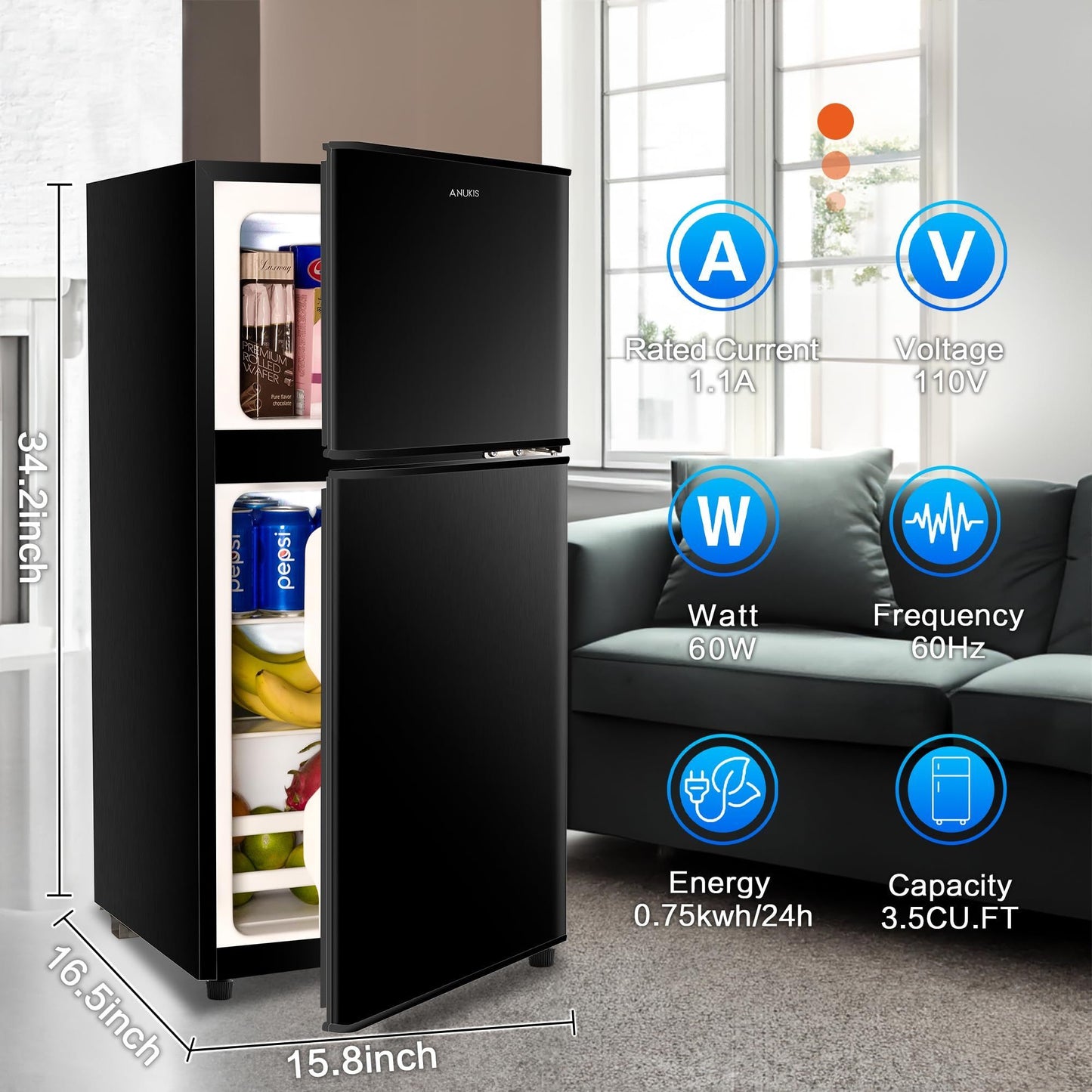 3.5 Cu.Ft Compact Refrigerator Mini Fridge with Freezer, Two-Door Design, Adjustable Thermostat, Removable Shelves