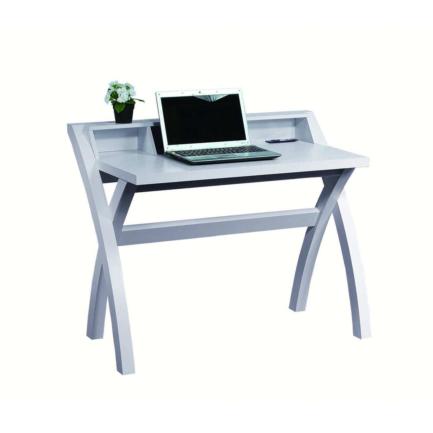 White Computer Workstation Desk with USB Ports and Open Shelves