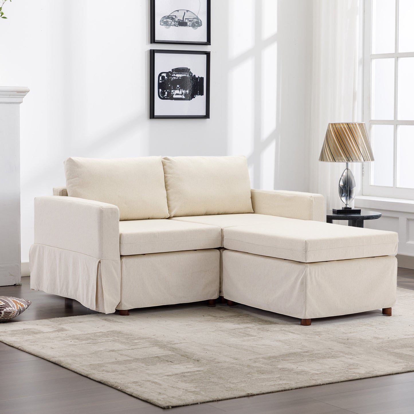 2-Seat Modular Sectional Sofa Set with Ottoman, Removable and Washable Seat and Back Cushions, Cream