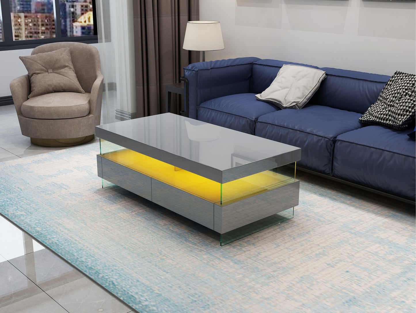 Contemporary LED Coffee Table in Gray Wood with Glossy Finish