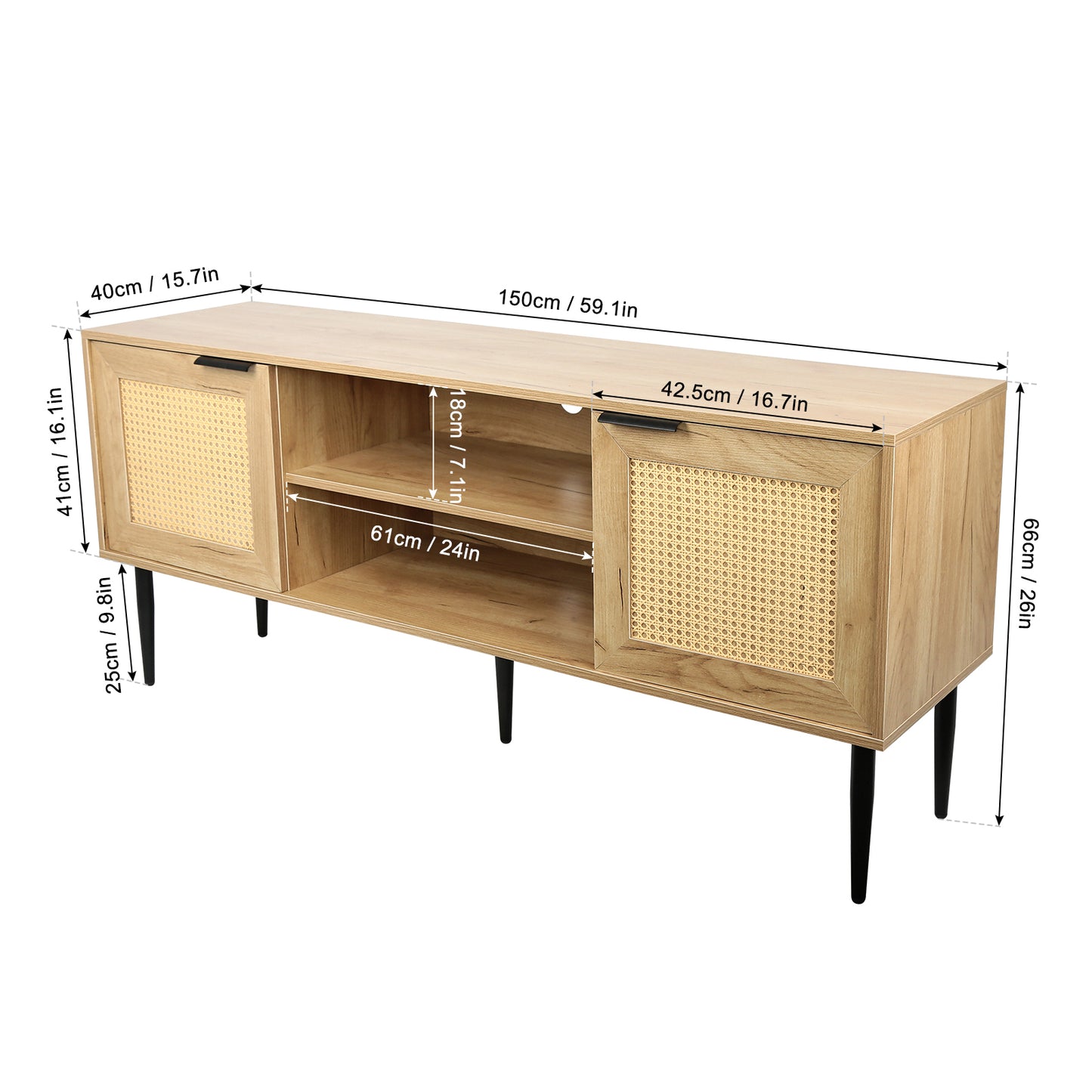 Rattan-Doored Wooden TV Stand with Open Shelves for TVs up to 65 Inches