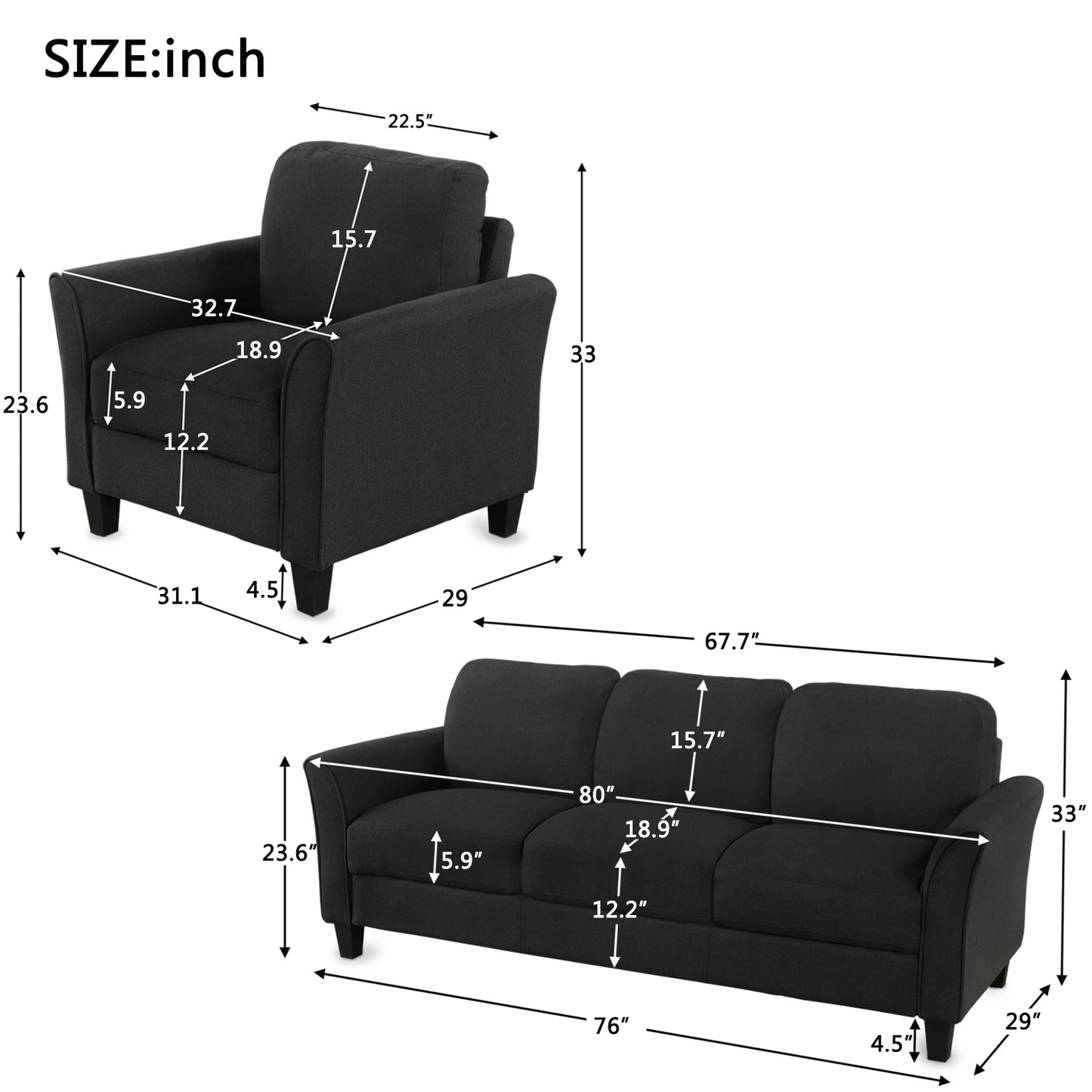 Living Room Furniture chair  and 3-seat Sofa (Black)