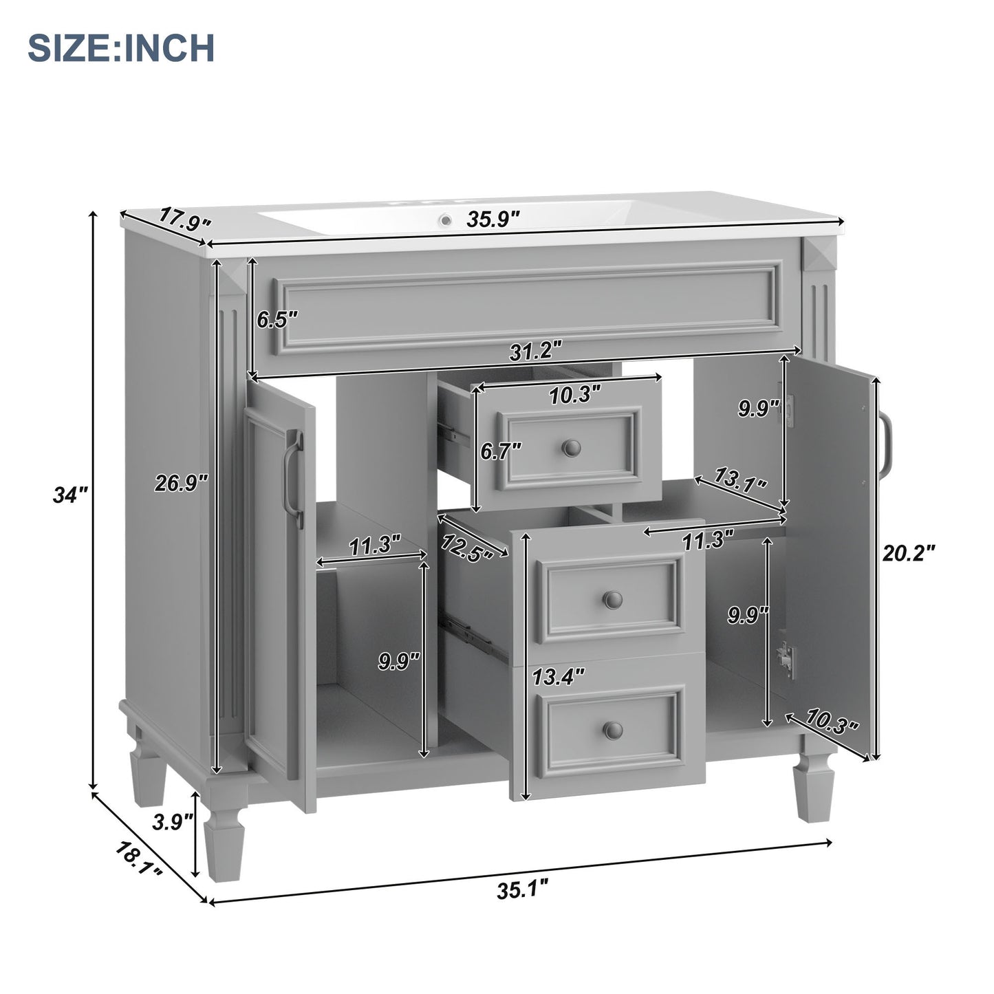 36'' Bathroom Vanity without Top Sink, Cabinet only, Modern Bathroom Storage Cabinet with 2 Soft Closing Doors and 2 Drawers(NOT INCLUDE BASIN SINK)