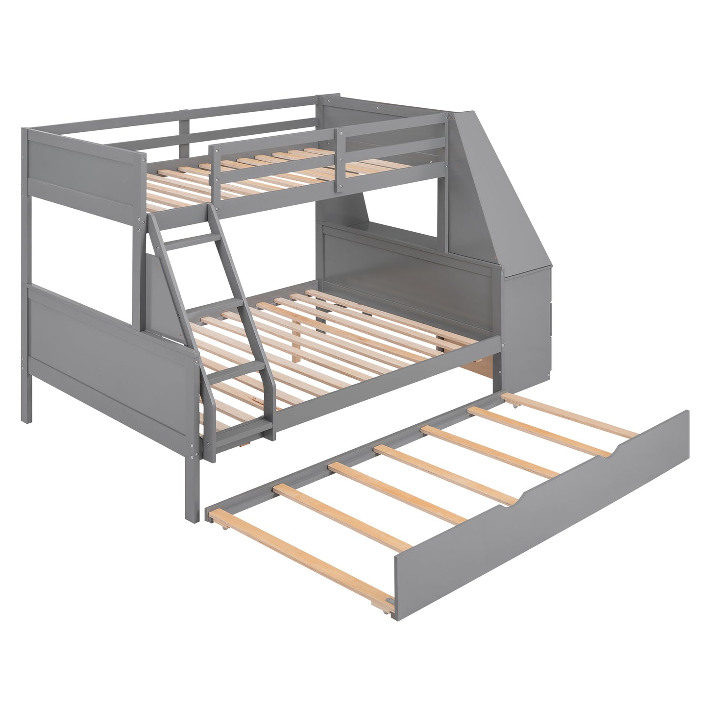 Enhanced Gray Twin over Full Bunk Bed with Trundle, Desk, and Storage