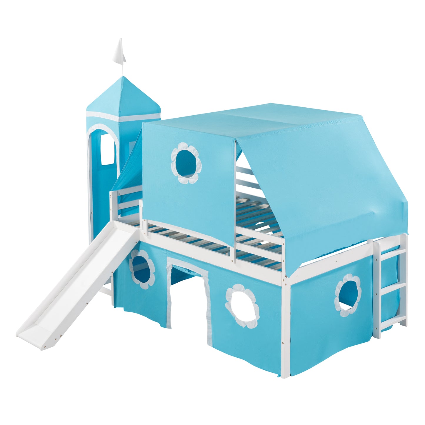 Blue Castle Bunk Bed - Full Size with Slide and Tower