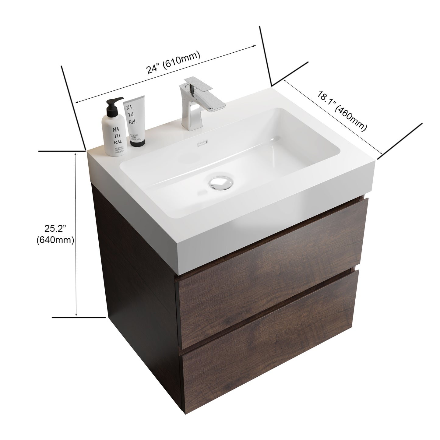 Alice 24" Walnut Bathroom Vanity with Sink, Large Storage Wall Mounted Floating Bathroom Vanity for Modern Bathroom, One-Piece White Sink Basin without Drain and Faucet