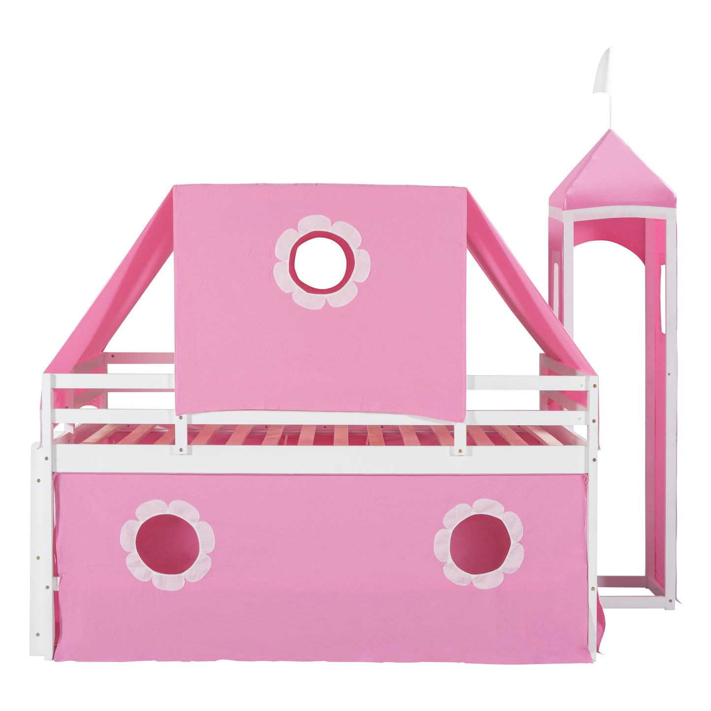 Pink Castle Loft Full Size Bunk Bed with Slide, Tent, and Tower - Enchanting Pink Castle Loft Bed with Slide, Tent, and Tower