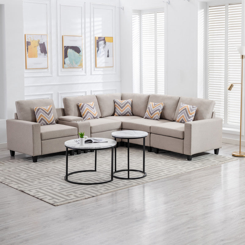 Nolan Beige Linen Fabric 6-Piece Reversible Sectional Sofa with USB, Charging Ports, Cupholders, Console Table, Pillows, and Interchangeable Legs