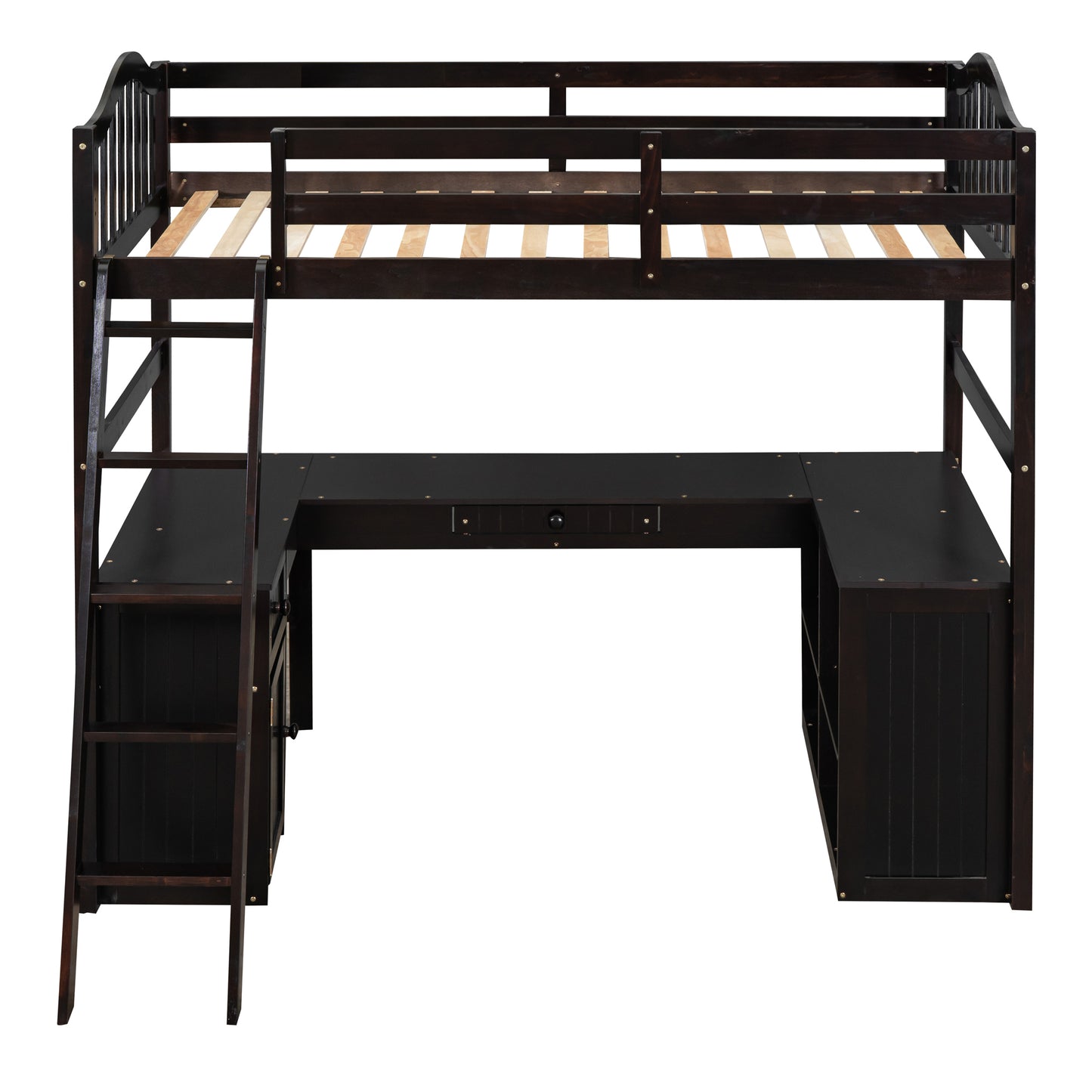 Twin size Loft Bed with Drawers, Cabinet, Shelves and Desk, Wooden Loft Bed with Desk - Espresso( :LT000505AAP)