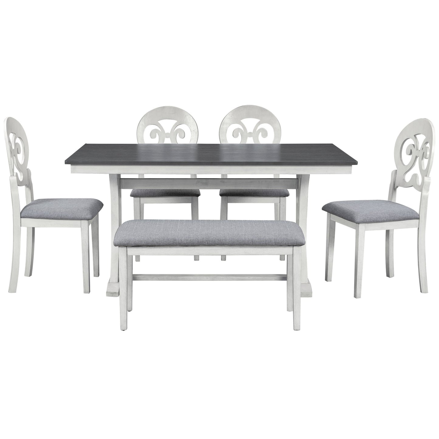 Mid-Century 6-Piece Trestle Table Set with Victorian Round Upholstered Dining Chairs and Long Bench, Gray+Antique White