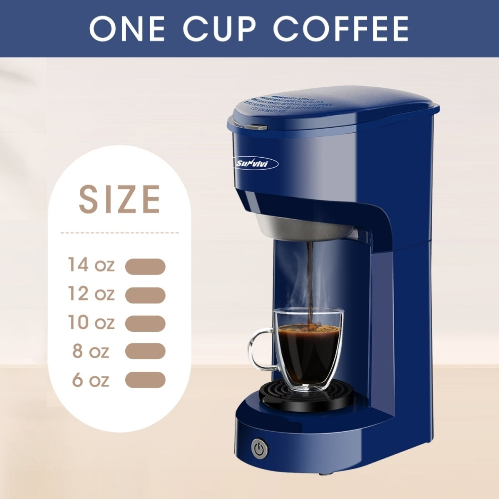 Blue Single Serve Coffee Maker with K Cup Pod and Ground Coffee Options