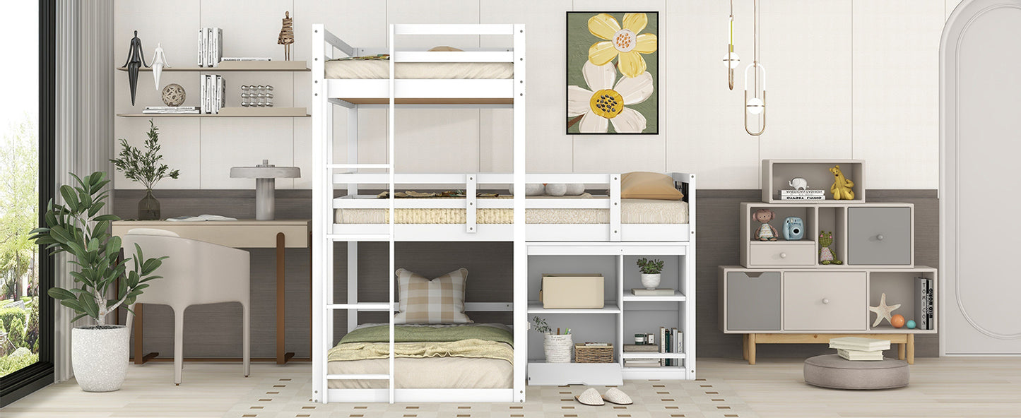 L-Shaped Triple Bunk Bed with Storage Cabinet, Blackboard, and White Finish - Innovative Space-Saving Solution