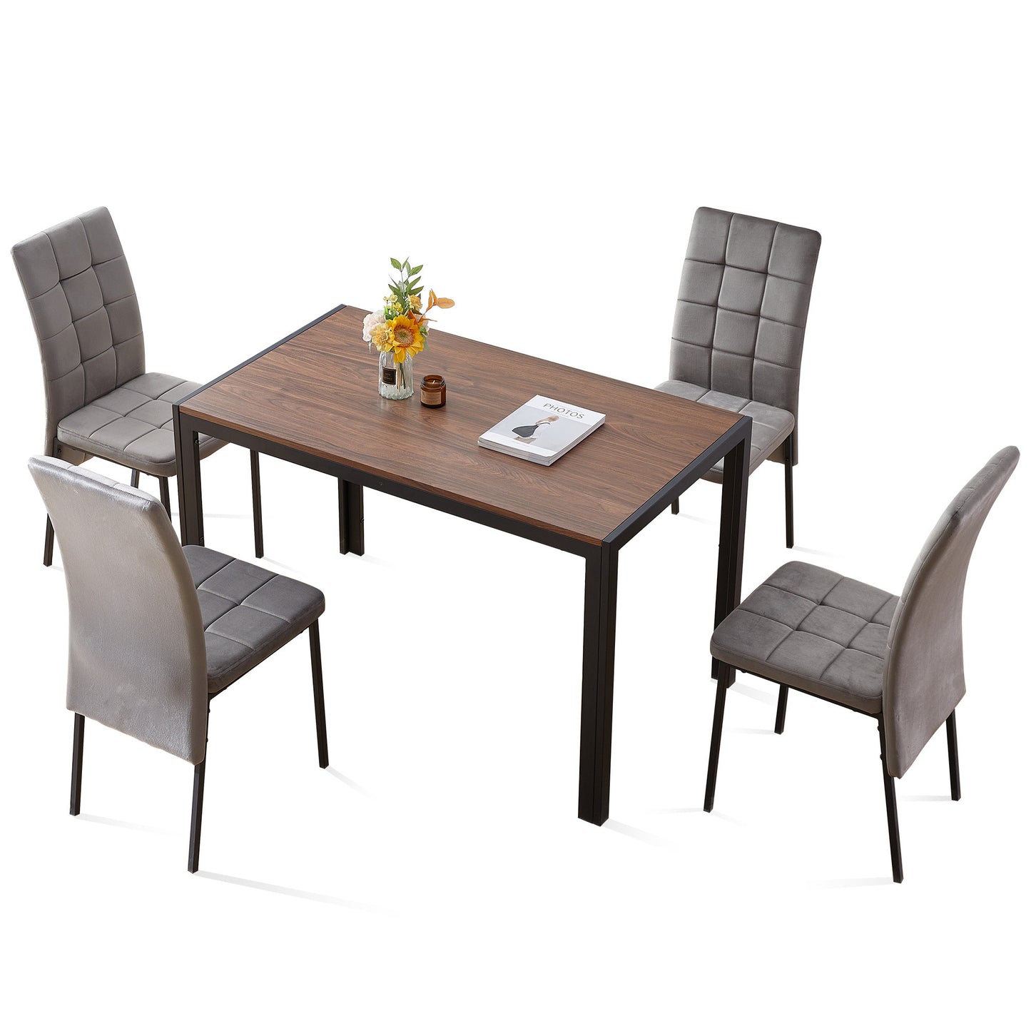 5-Piece Dining Set Including Grey Velvet High Back Nordic Dining Chair & Creative Design MDF Dining Table