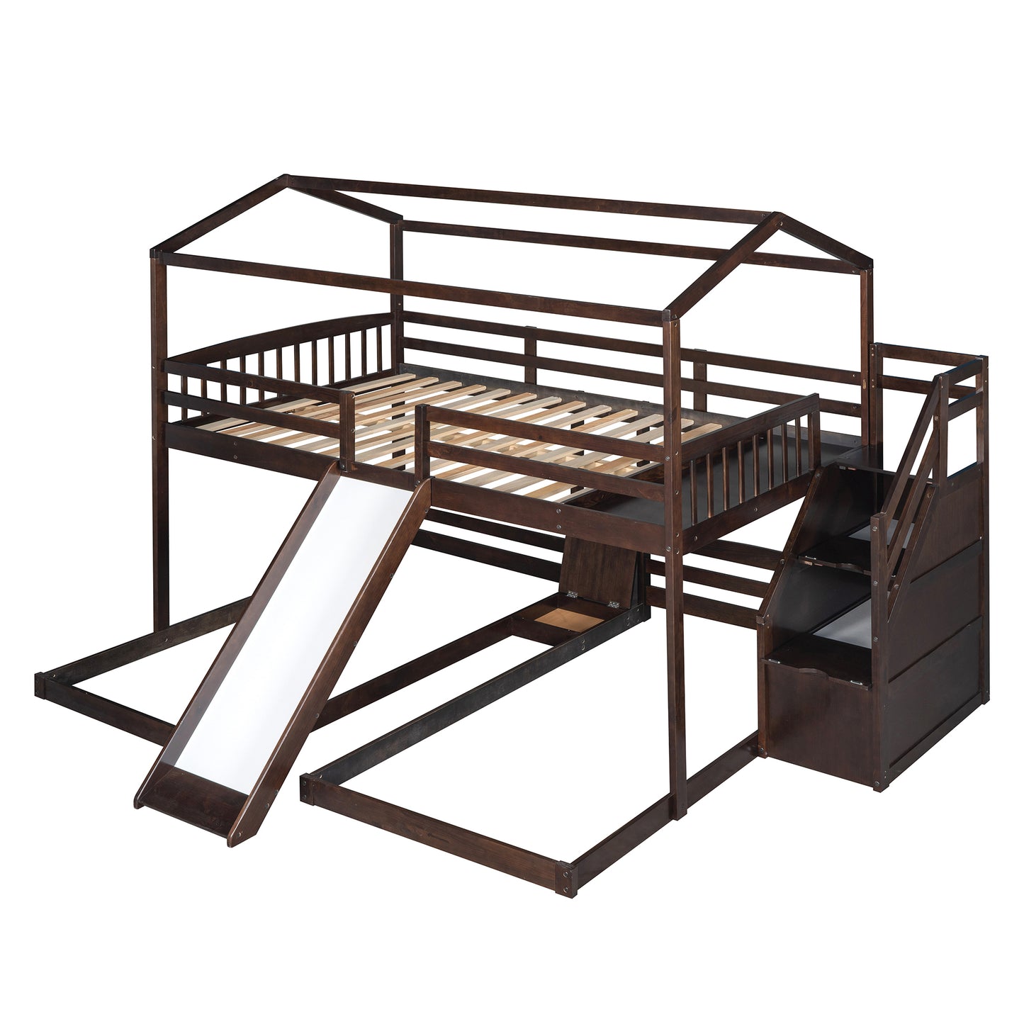 Versatile Full over Twin & Twin Bunk Bed in Espresso with Slide and Storage Staircase