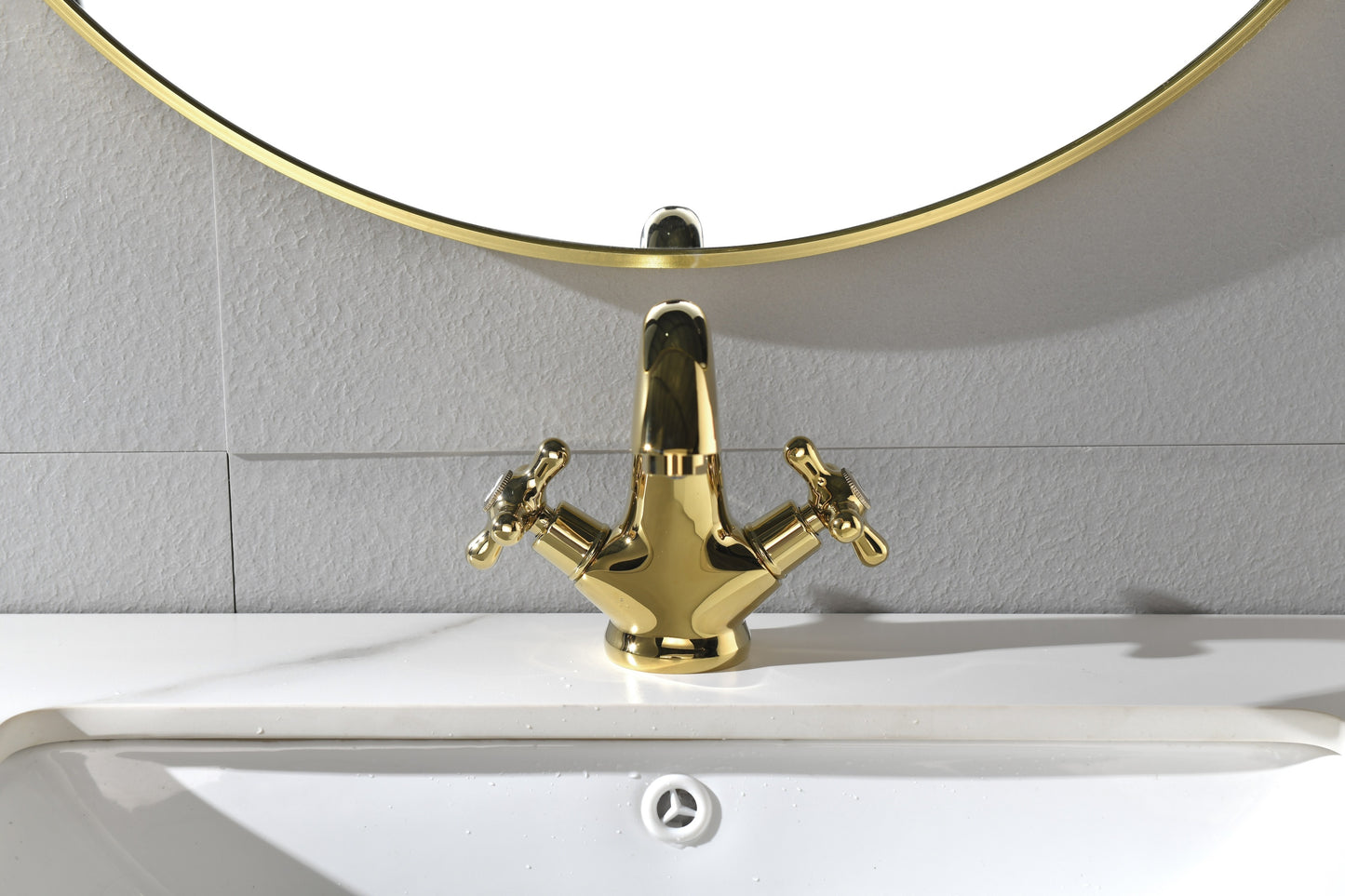 Gold Polished Bathroom Sink Faucet with Double Cross Knobs and Cover Plate