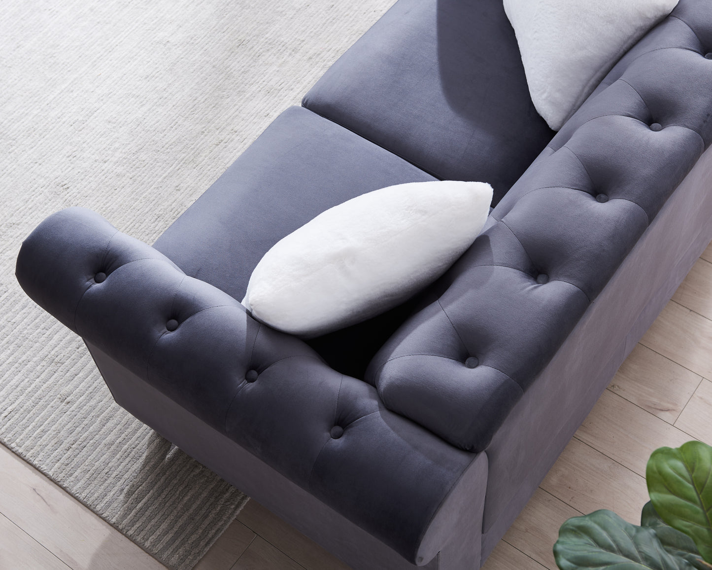 Sofa Chair, with Button and Copper nNail on Arms and Back, One White Villose Pillow, Velvet Grey (38"x34.5"x30")